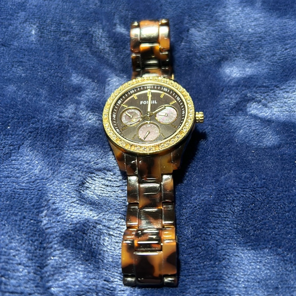 Fossil Tortoise and Gold Watch with crystal accents